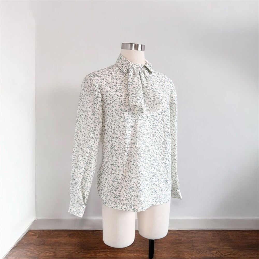 Vintage Ditsy Floral White Secretary Blouse Neck Tie Ruffle Small